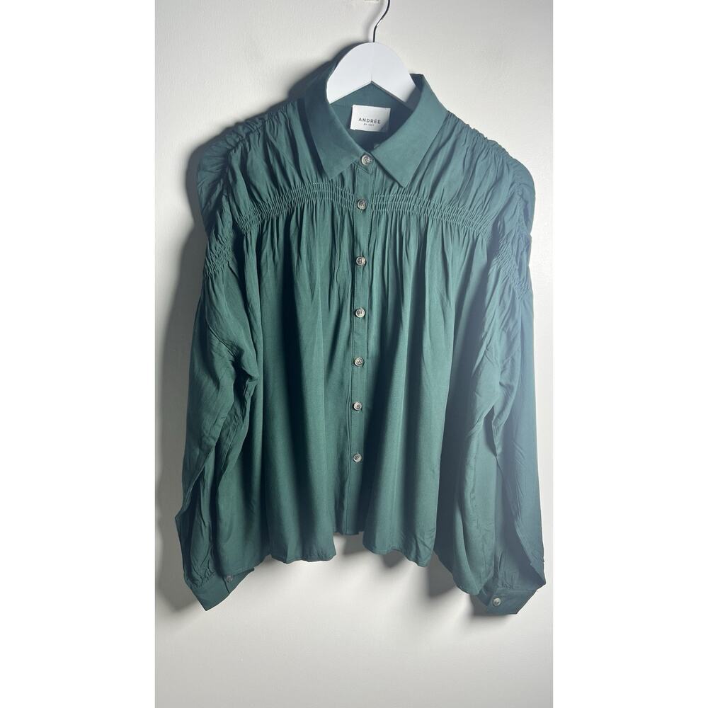 Andree By Unit Small Green Long Sleeve Button Down‎ Stretch Detail Career Blouse